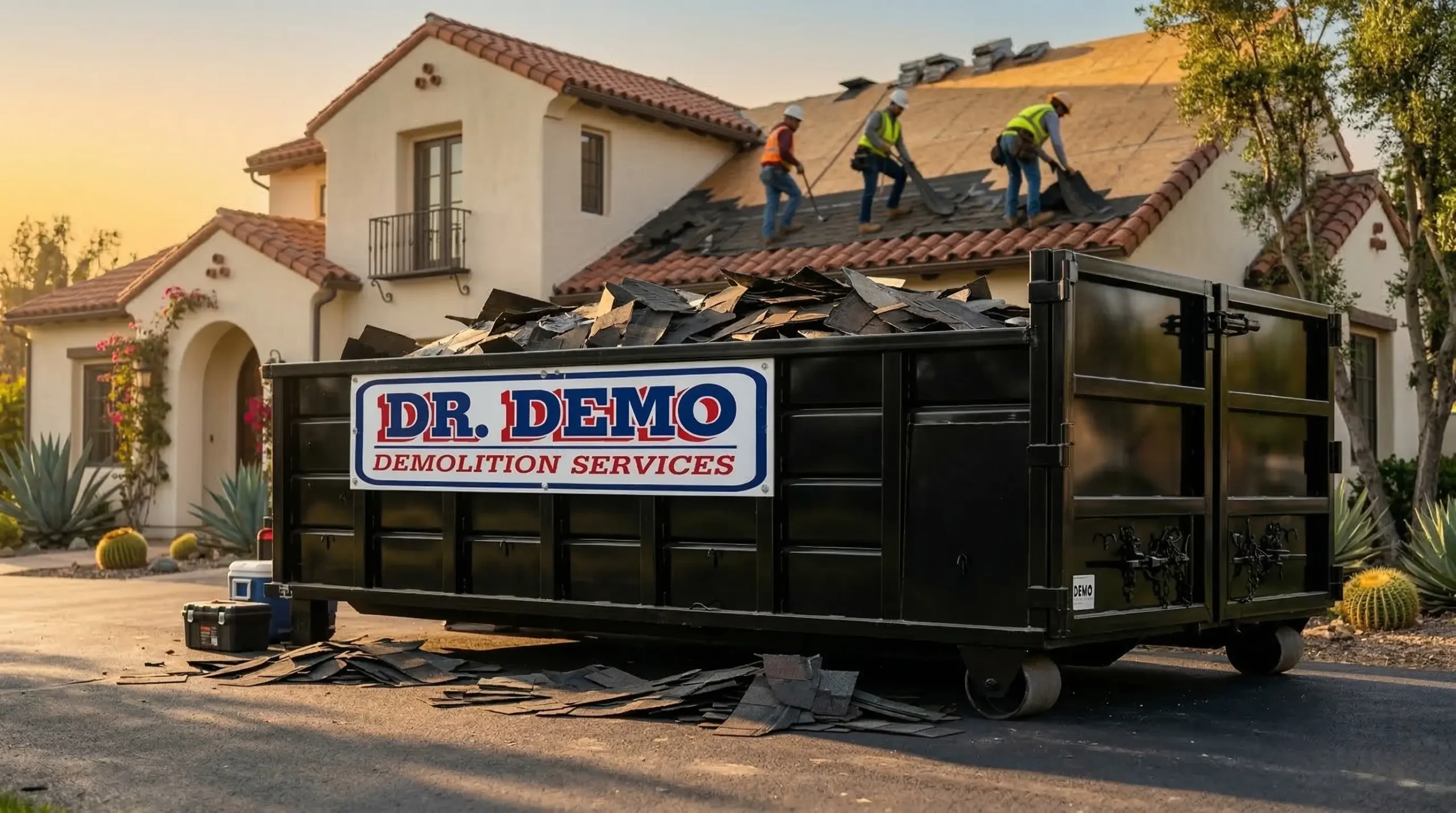 Dumpster positioned for a roofing tearoff job near La Mesa